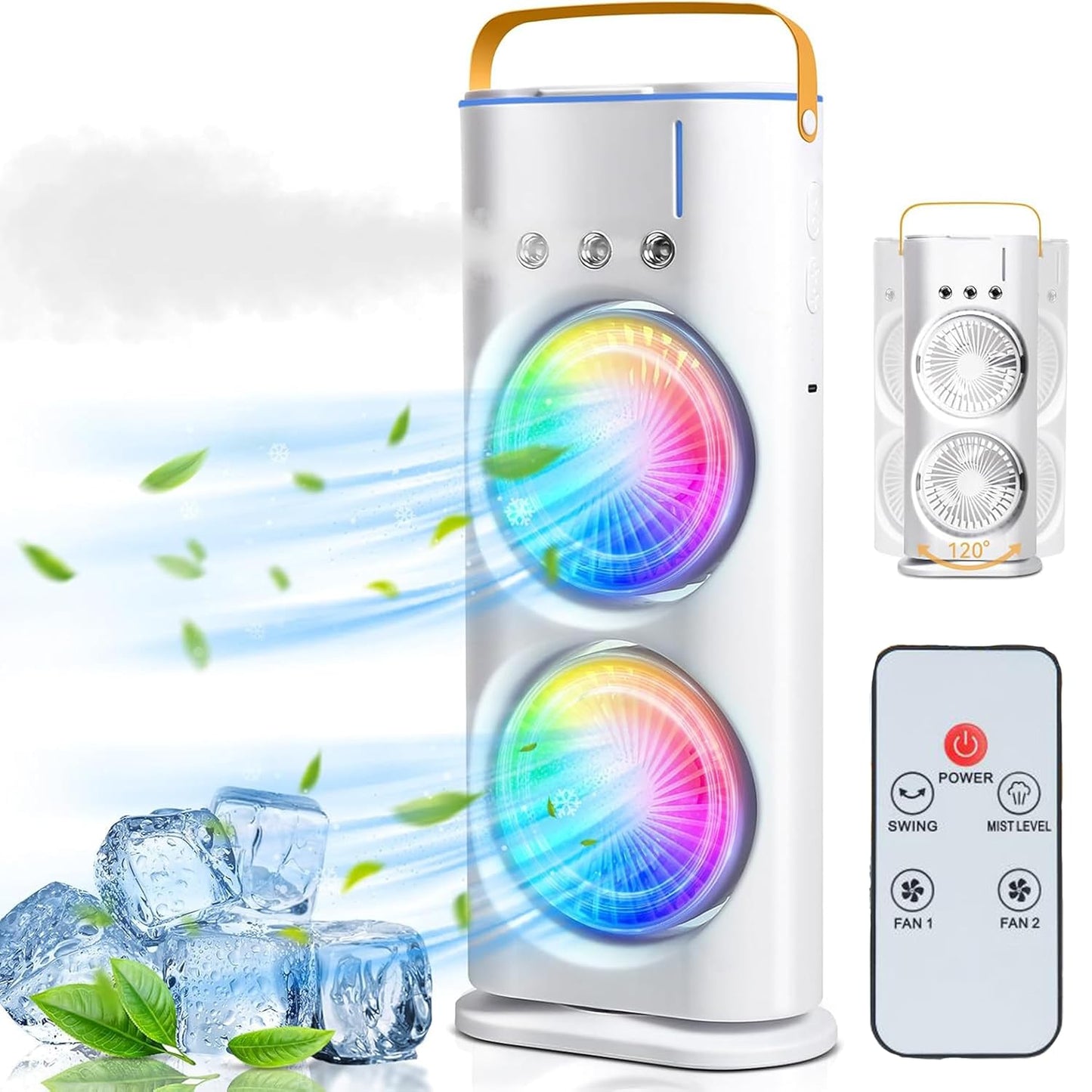 Double End Air Cooler Fan | Double End Mist | Dynamic Mini Air Mist Cooler | Portable Air Conditioner Fan | Dynamic Mini Evaporate Air Cooler with 7 Colors LED Light | 3 Wind Speeds & 3 Spray Modes Cooler Fan | Air Mist Spray Cooler Fan With Remote