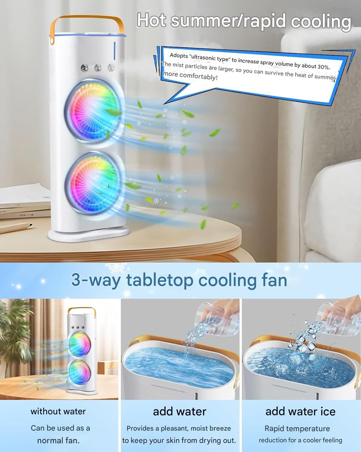 Double End Air Cooler Fan | Double End Mist | Dynamic Mini Air Mist Cooler | Portable Air Conditioner Fan | Dynamic Mini Evaporate Air Cooler with 7 Colors LED Light | 3 Wind Speeds & 3 Spray Modes Cooler Fan | Air Mist Spray Cooler Fan With Remote