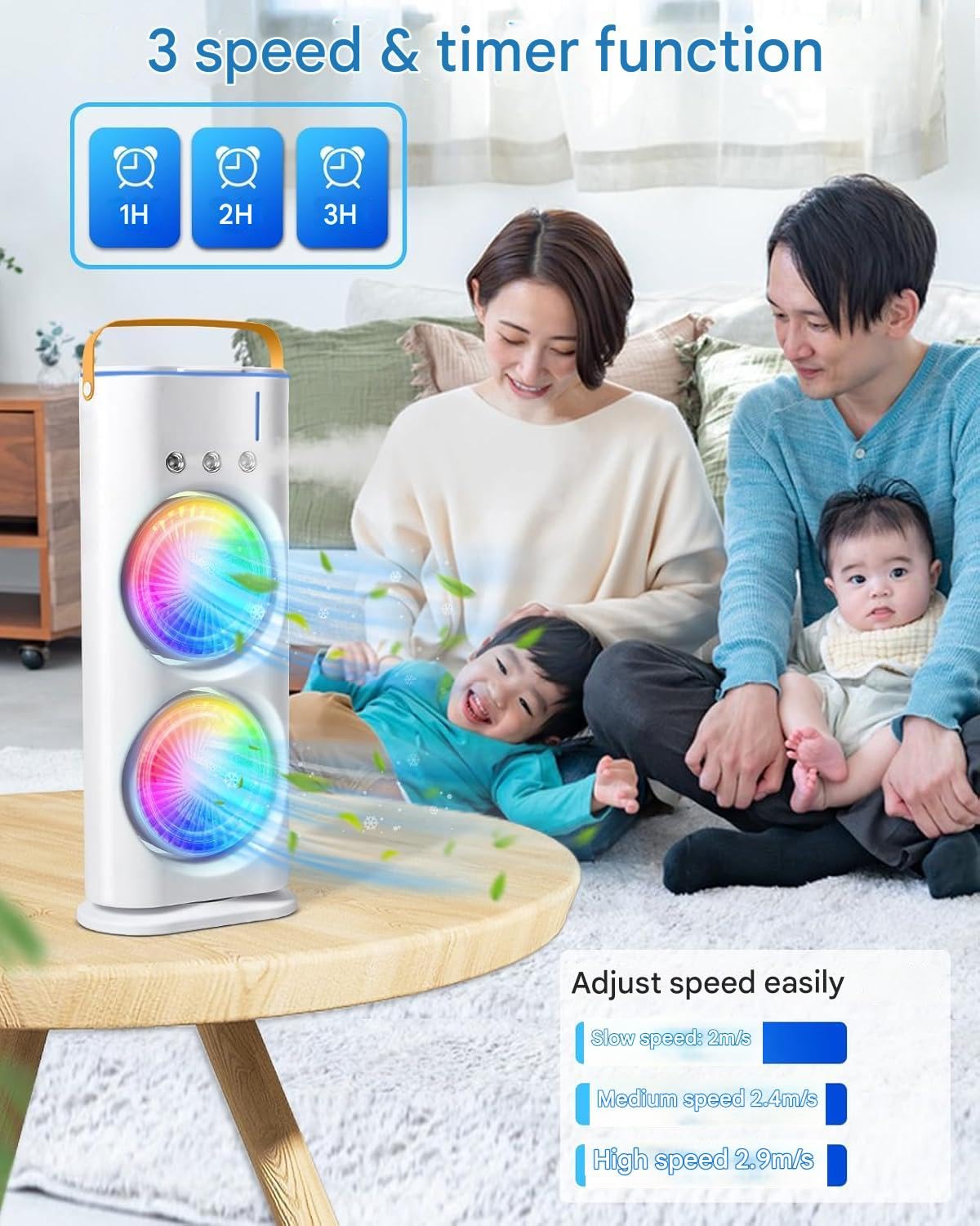 Double End Air Cooler Fan | Double End Mist | Dynamic Mini Air Mist Cooler | Portable Air Conditioner Fan | Dynamic Mini Evaporate Air Cooler with 7 Colors LED Light | 3 Wind Speeds & 3 Spray Modes Cooler Fan | Air Mist Spray Cooler Fan With Remote