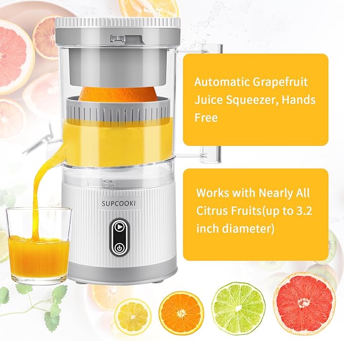 Electric Citrus Juicer, Rechargeable Juicer Machine with USB Cable and Cleaning Brush, Orange Lime Lemon Grapefruit Juicer Squeezer, Easy to Clean Portable Juicer