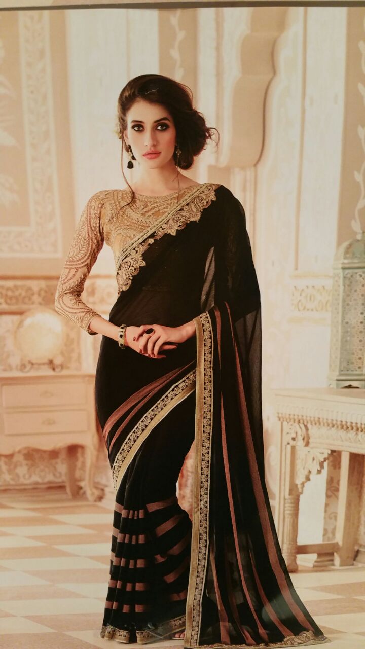 Saree - Black with brown designer chiffon georgette soft fabric