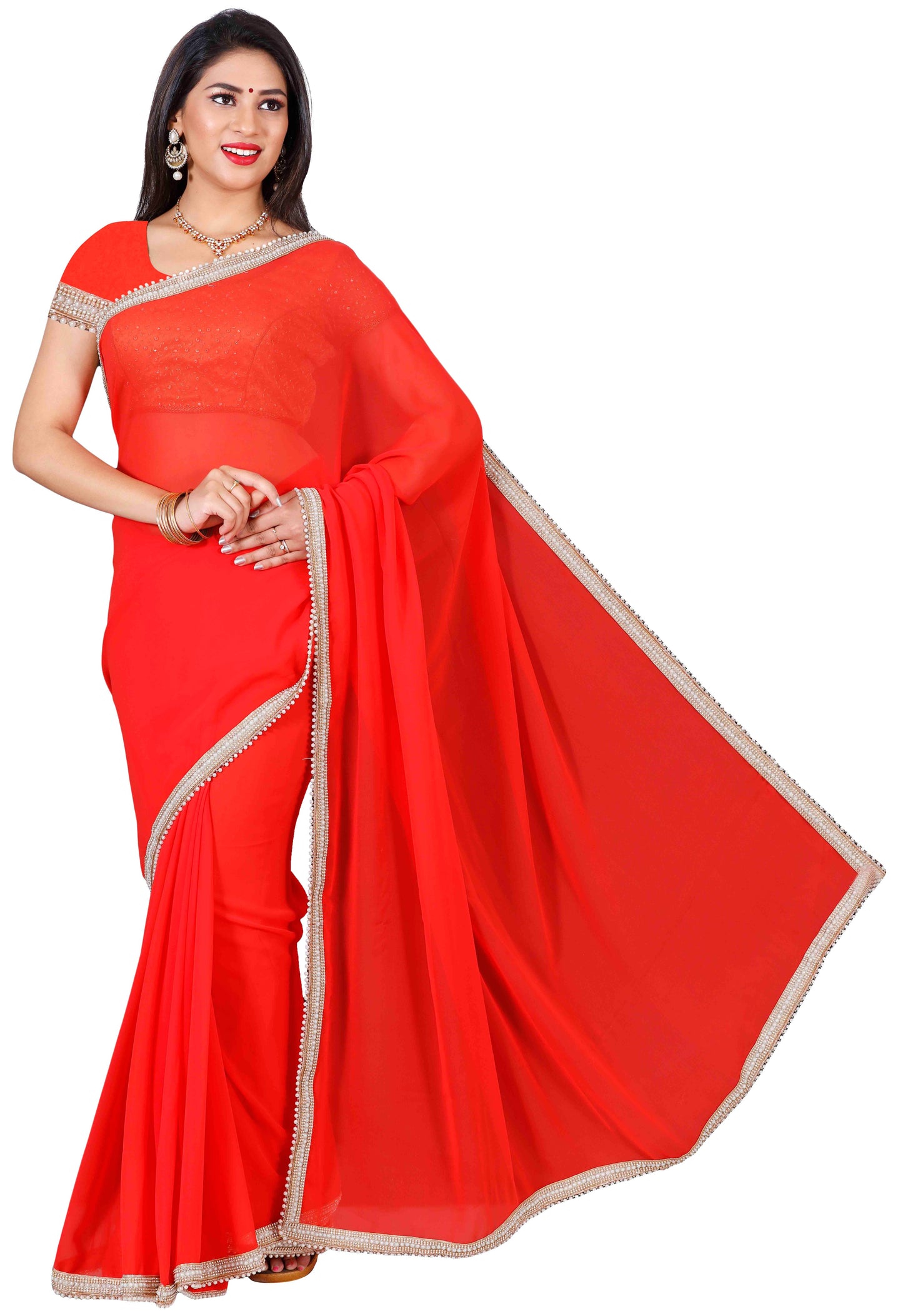 Red chiffon designer Saree with golden crystal stone and pearl border