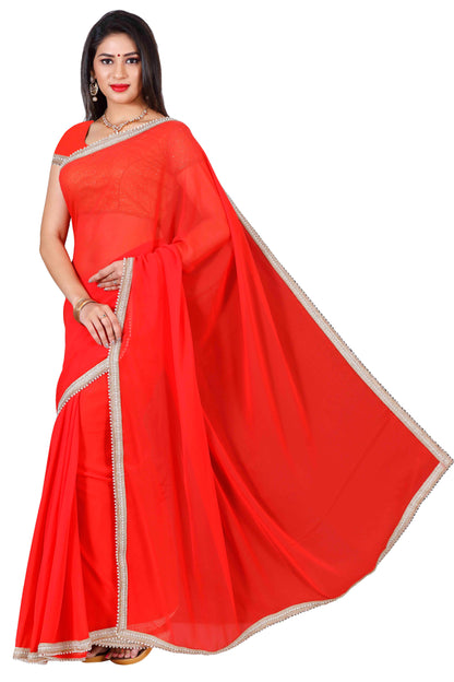 Red chiffon designer Saree with golden crystal stone and pearl border