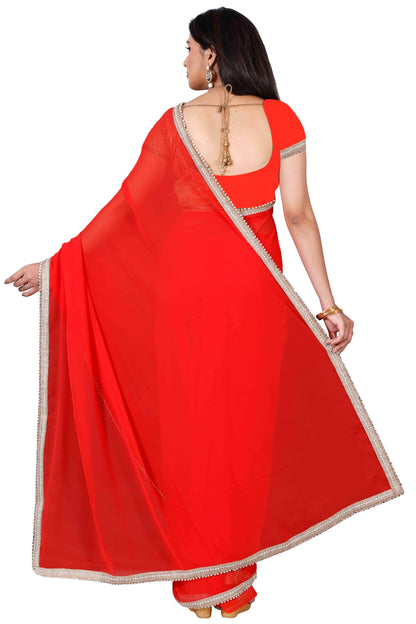 Red chiffon designer Saree with golden crystal stone and pearl border