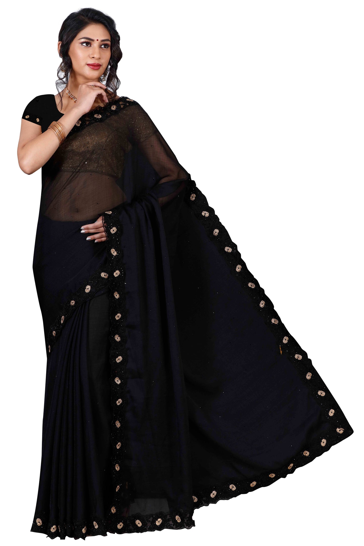 Black chiffon Saree with black crochet flower design works with golden dots