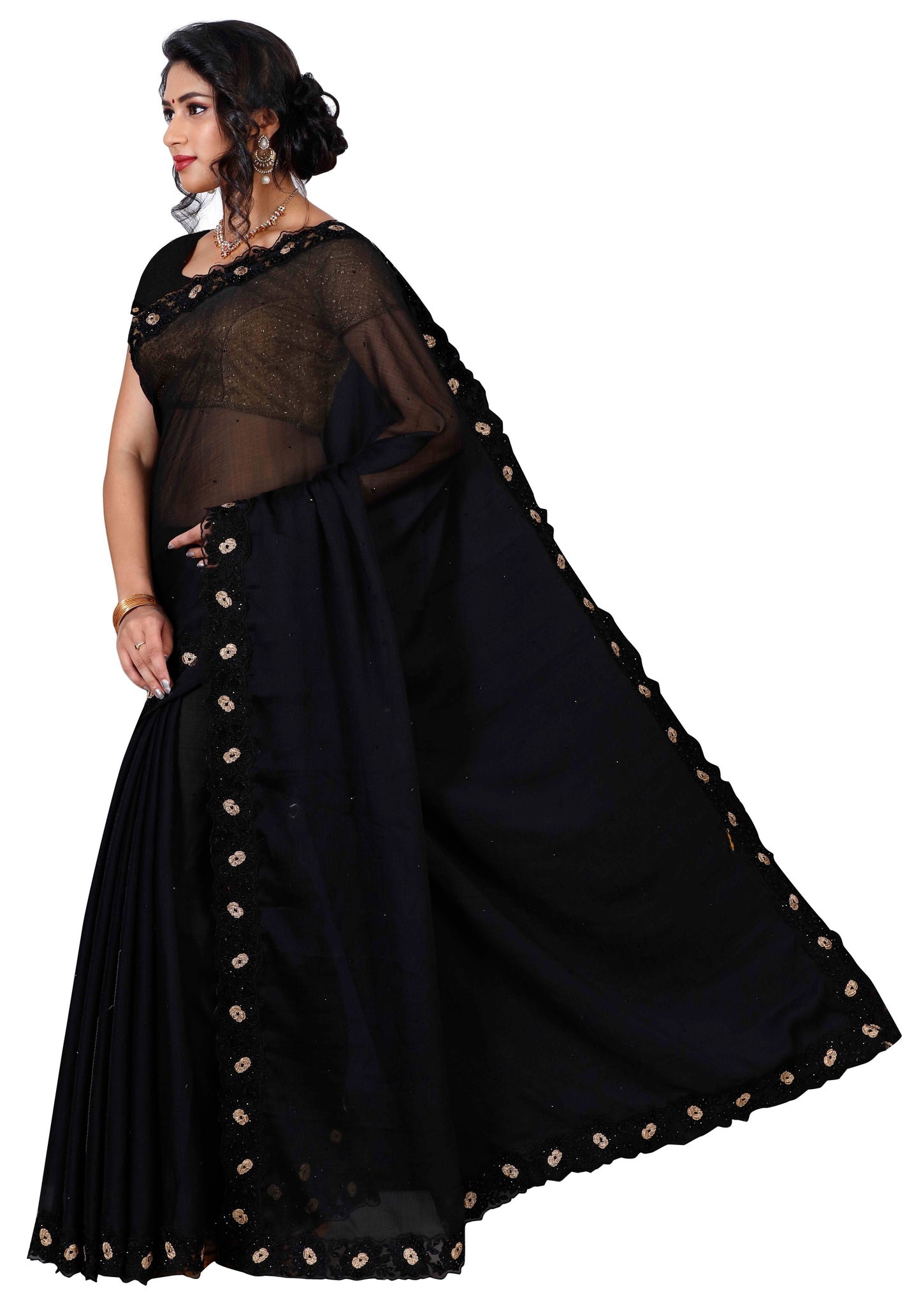 Black chiffon Saree with black crochet flower design works with golden dots