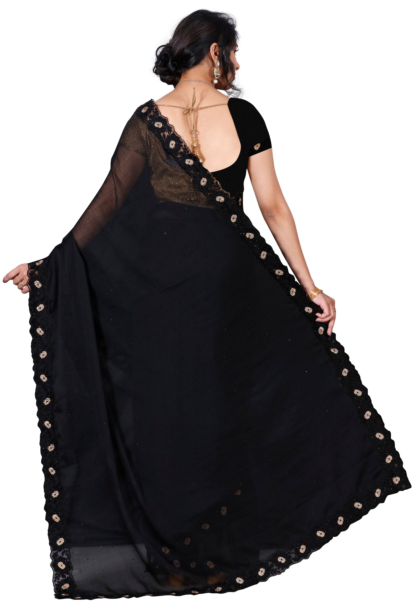 Black chiffon Saree with black crochet flower design works with golden dots