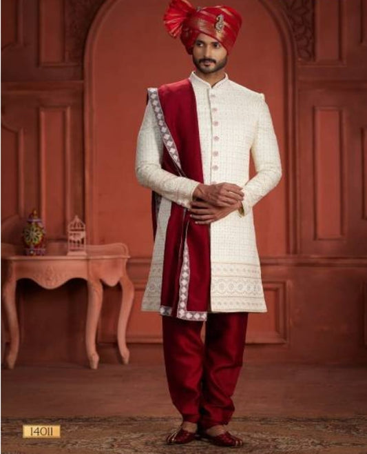 Maroon and White Colour OutLuk Wedding Collection Pure Silk Mens Wear Sherwani Wholesale Online