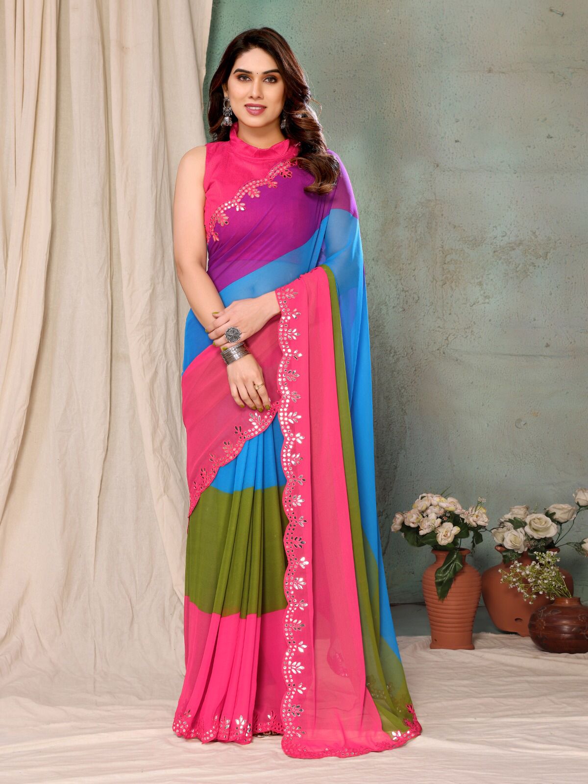 GEORGETTE SIK SAREE WITH MIRROR WORK