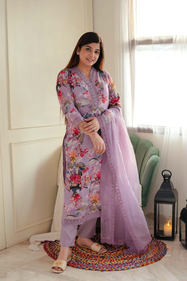 Beautiful printed silk suit set with organza dupatta for casual and elegant look.