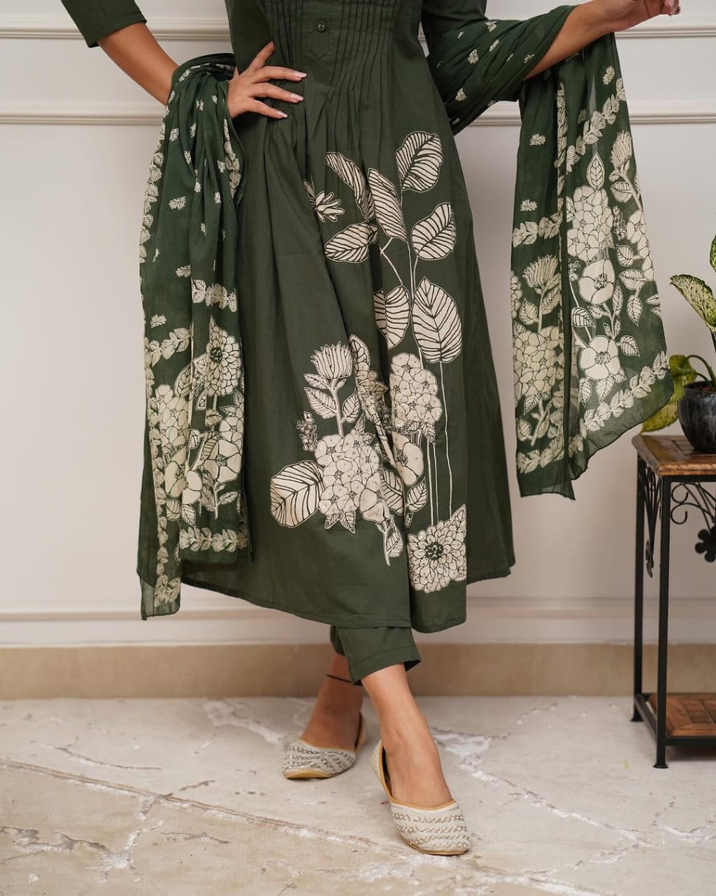 Pure Cotton Kurti with Self Print with Pant and Mulmul Printed Dupatta Set