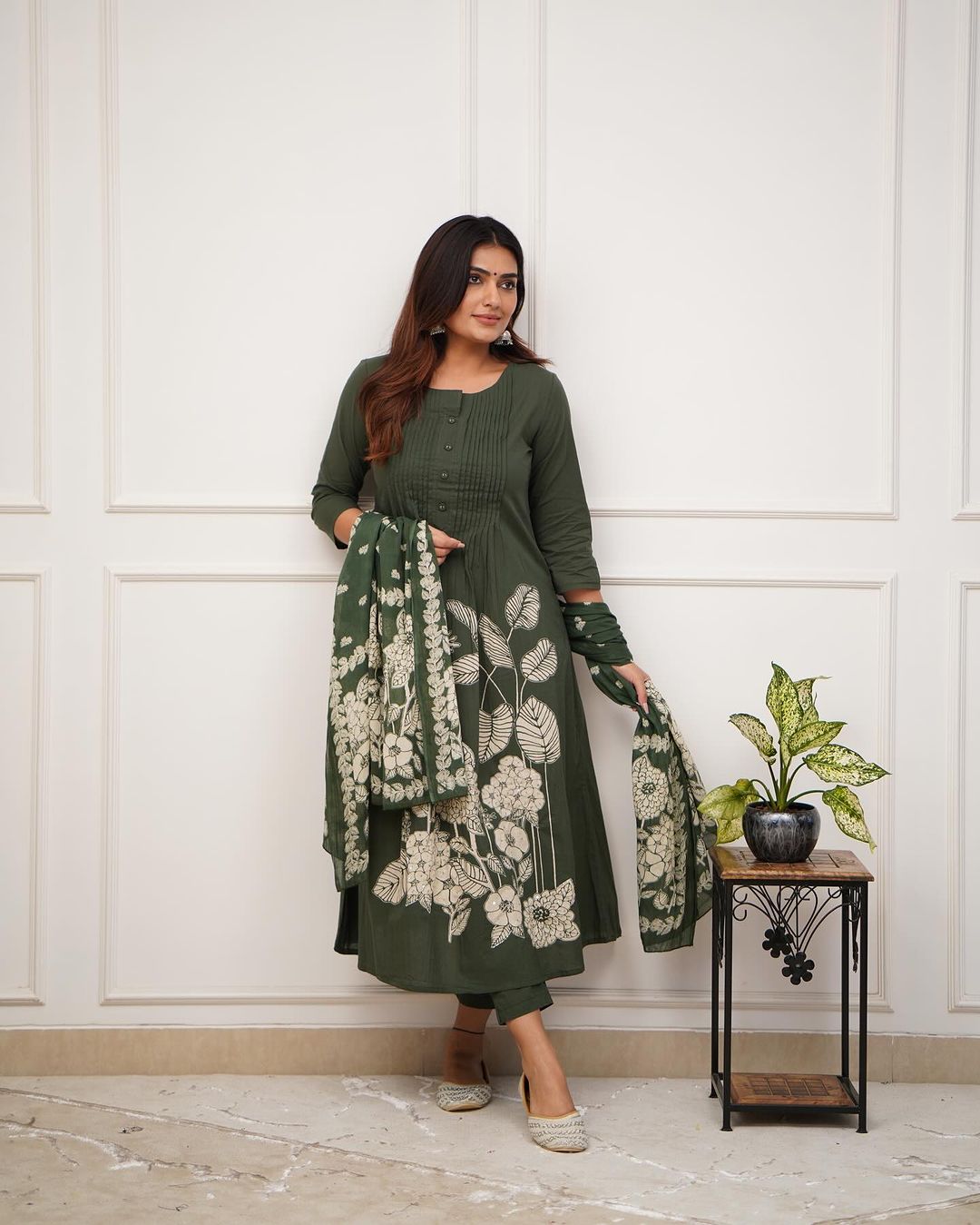 Pure Cotton Kurti with Self Print with Pant and Mulmul Printed Dupatta Set