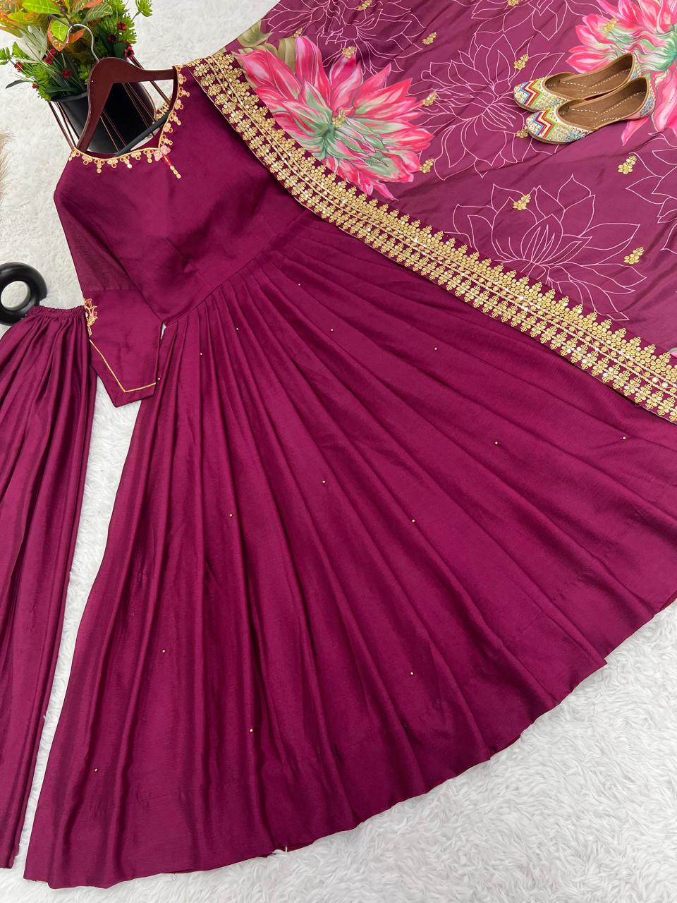 Gown-Plazzo And Dupatta Set Fully Stitched Ready To Wear