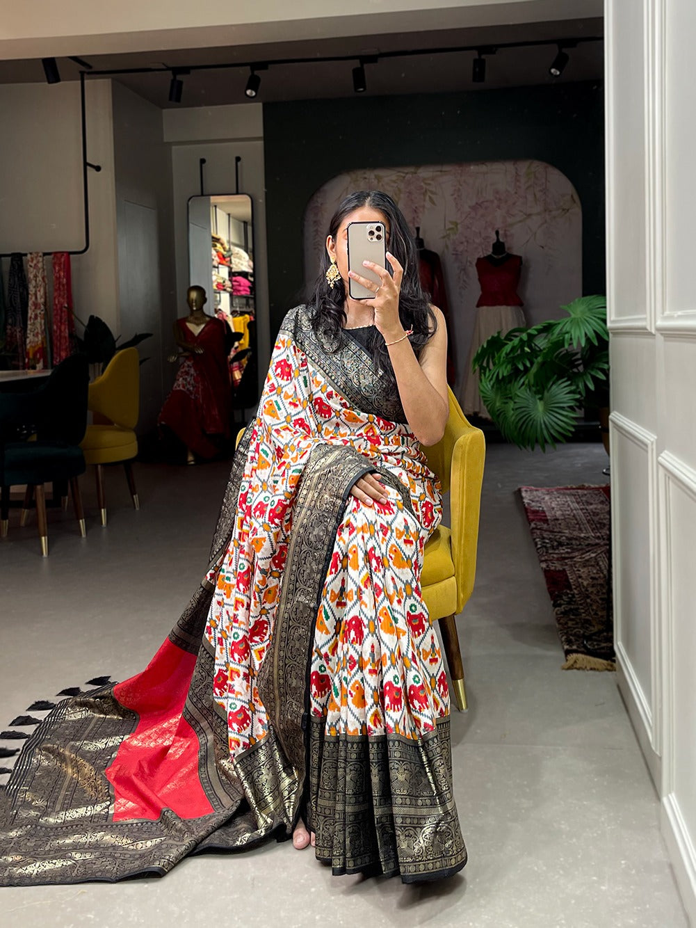 Dola silk sarees are known for their colourful diversity and geometric designs with patola print.