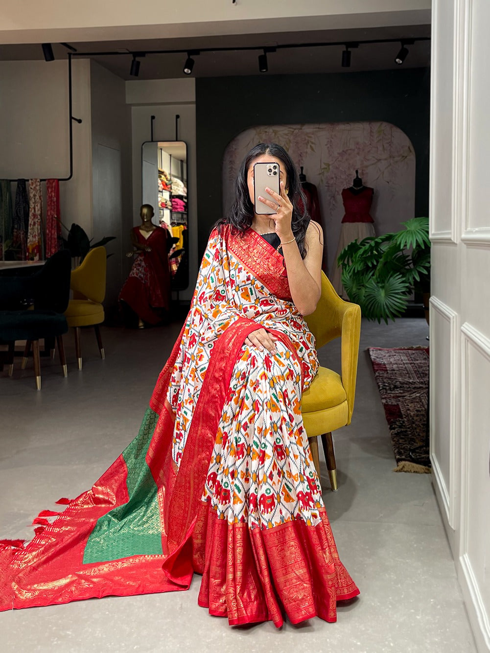 Dola silk sarees are known for their colourful diversity and geometric designs with patola print.