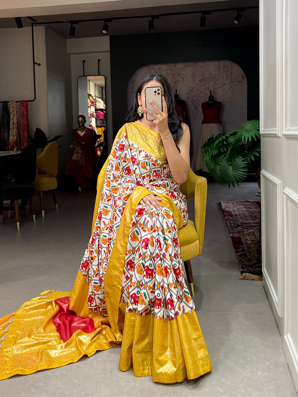 Dola silk sarees are known for their colourful diversity and geometric designs with patola print.